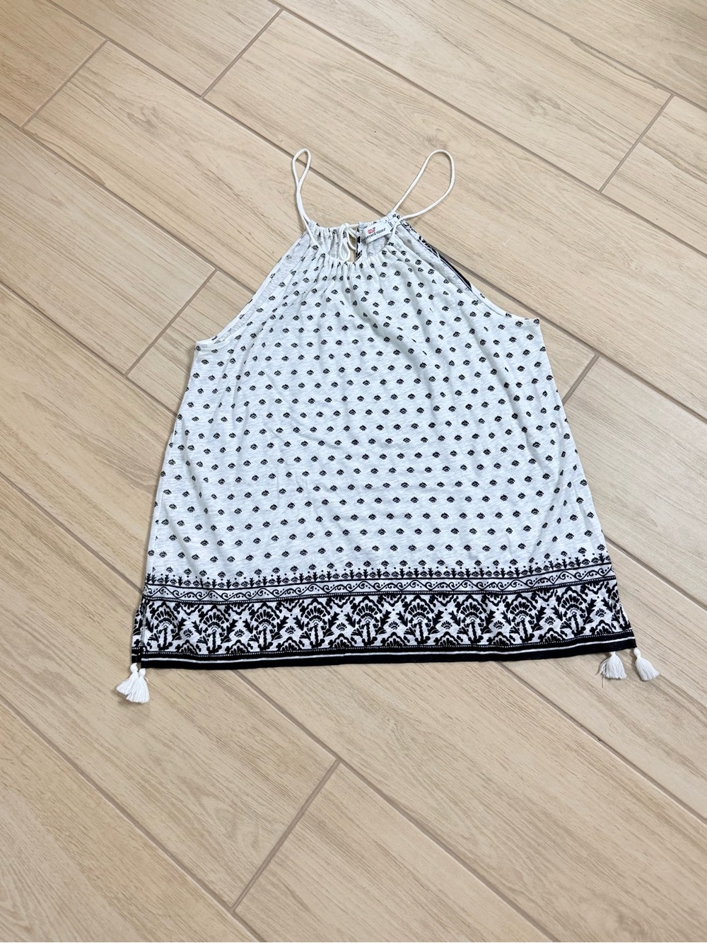 Vineyard Vines Linen Halter Tank Top Large White Black Geometric Tassel Boho